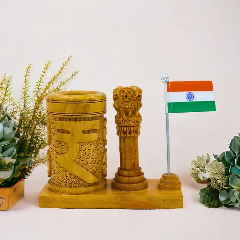 Wooden Ashok Stambh Pen Stand with National flag (MPNJ 0004)