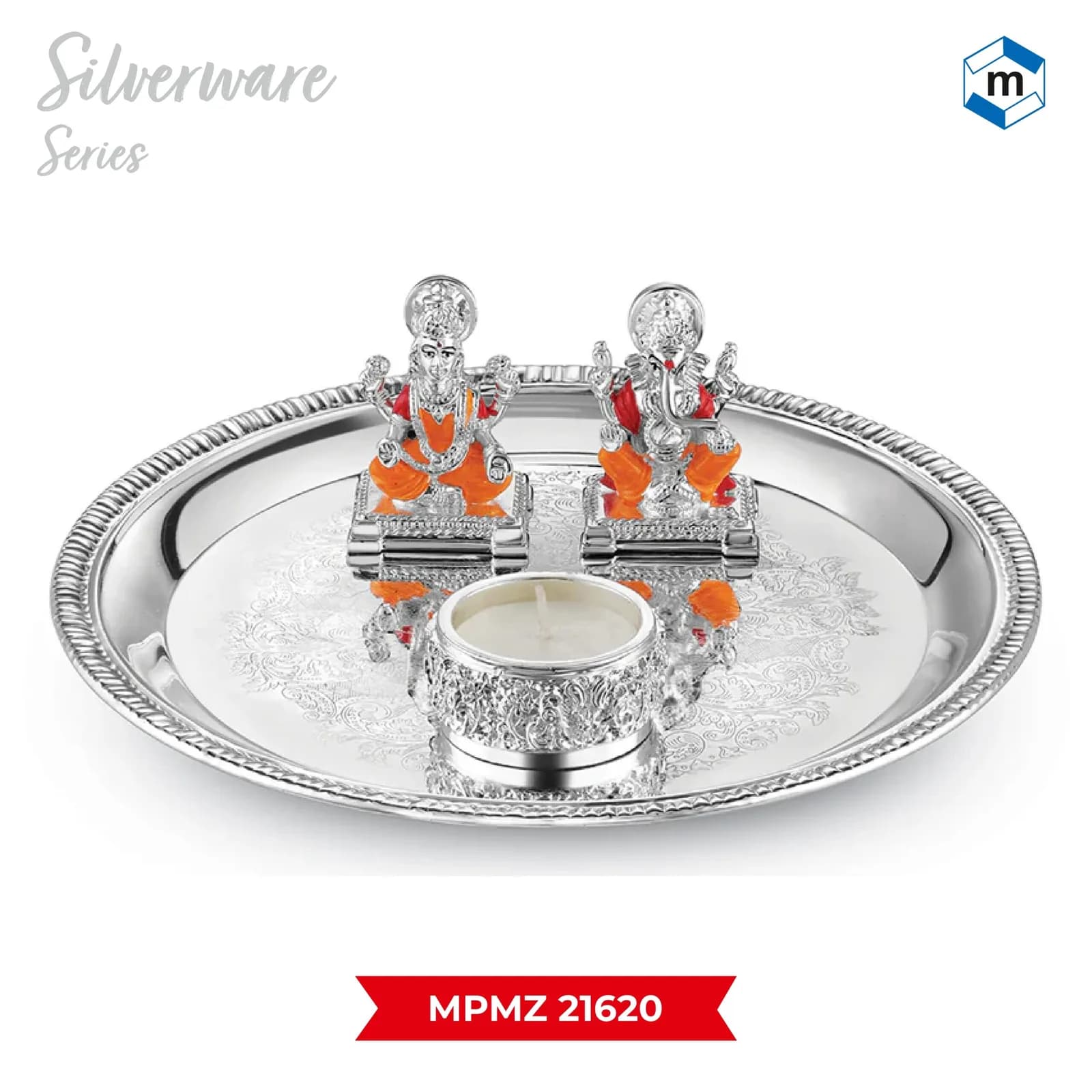 Silver Puja Thali with Lakshmi Ganesha on Chowki & Tea Light Holder (MPMZ 24623)